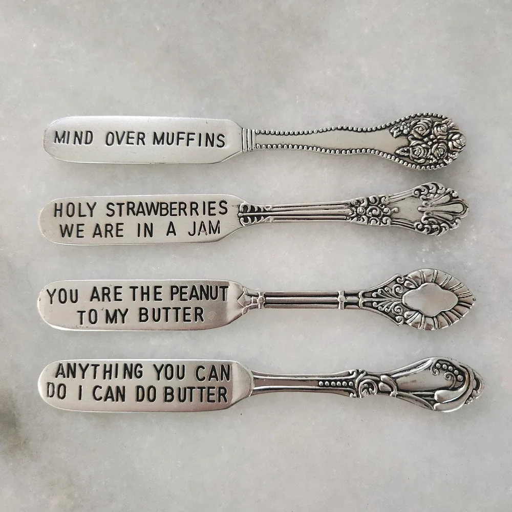 Set 4/ Mud Pie Metal Stamped Breakfast/Brunch Spreader Knives Various Sayings EC